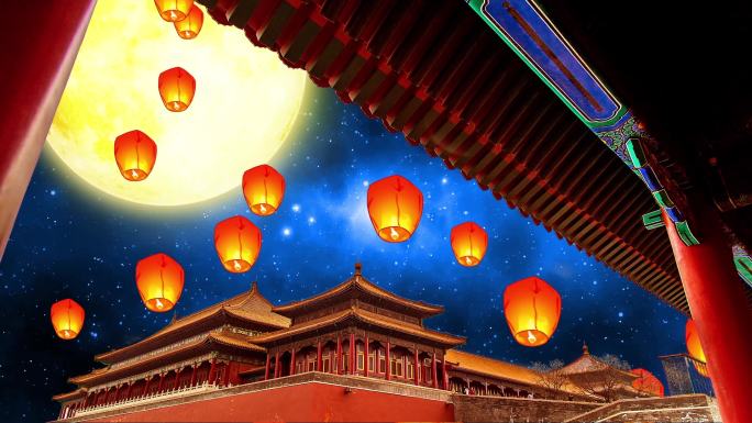 中国风古建筑月光星空孔明灯LED背景视频