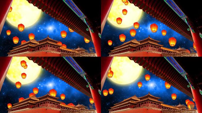 中国风古建筑月光星空孔明灯LED背景视频