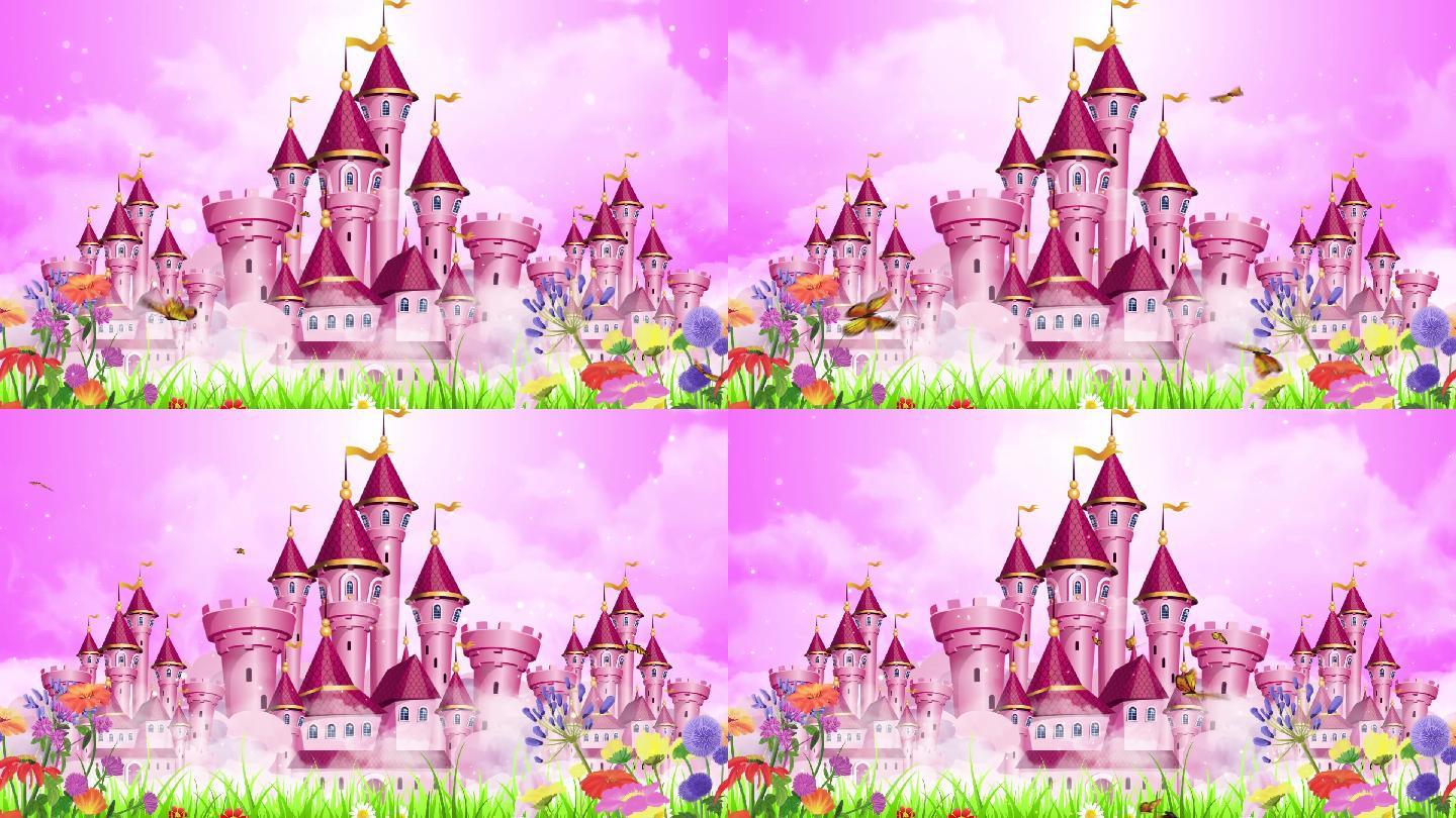 粉红梦幻城堡儿童卡通情景剧舞台背景视频