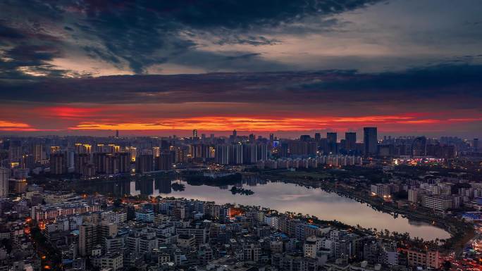 海口红城湖晚霞延时4k