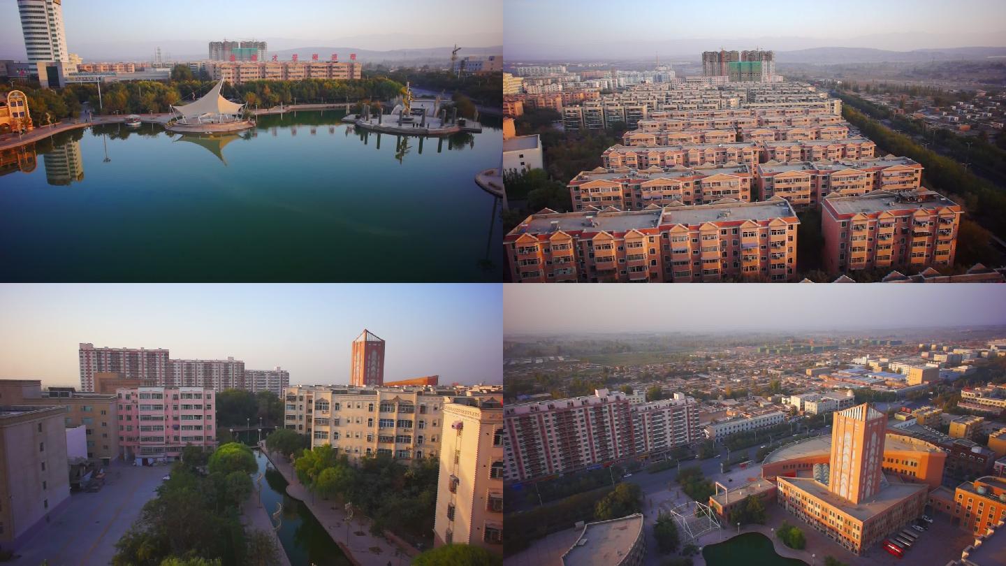 新疆吐鲁番市区公园湖全景航拍