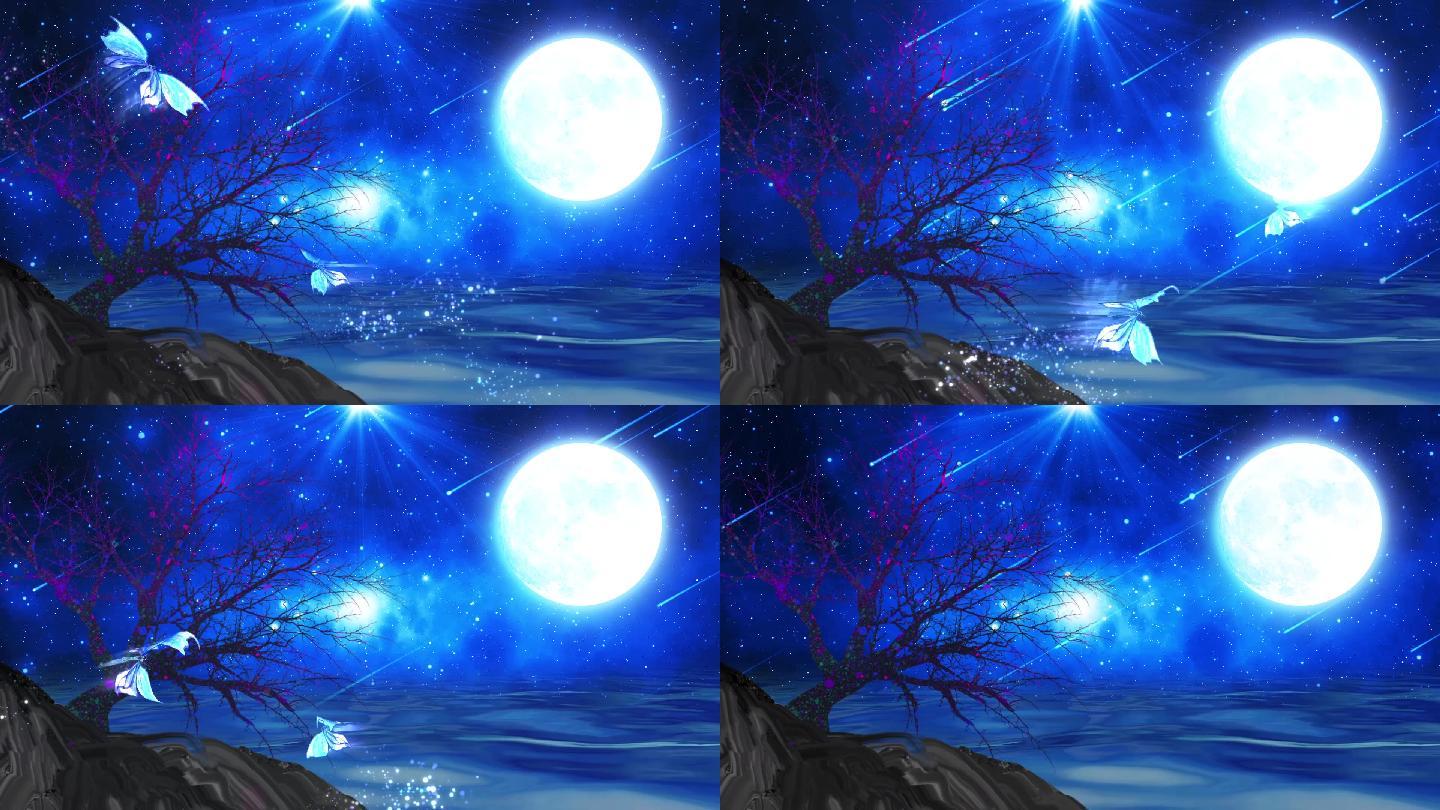 梦幻星空湖面流星雨大树蝴蝶飞舞LED背景