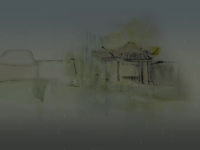 江南古镇手绘水墨建筑小雨真实雨滴场景