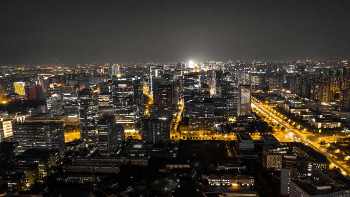 成都高新区CBD地标建筑夜景黑金风格航拍