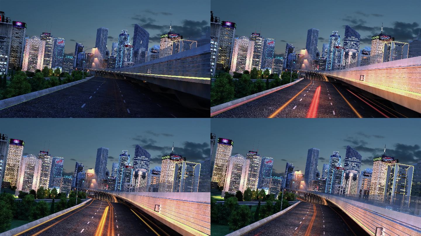 夜景都市高架桥跑车高速飞驰