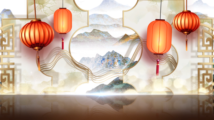 中国风旗袍秀古典山水意境舞台背景
