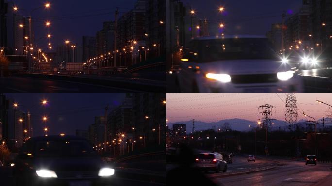 路灯傍晚，城市公交车，行驶车流，北京街道