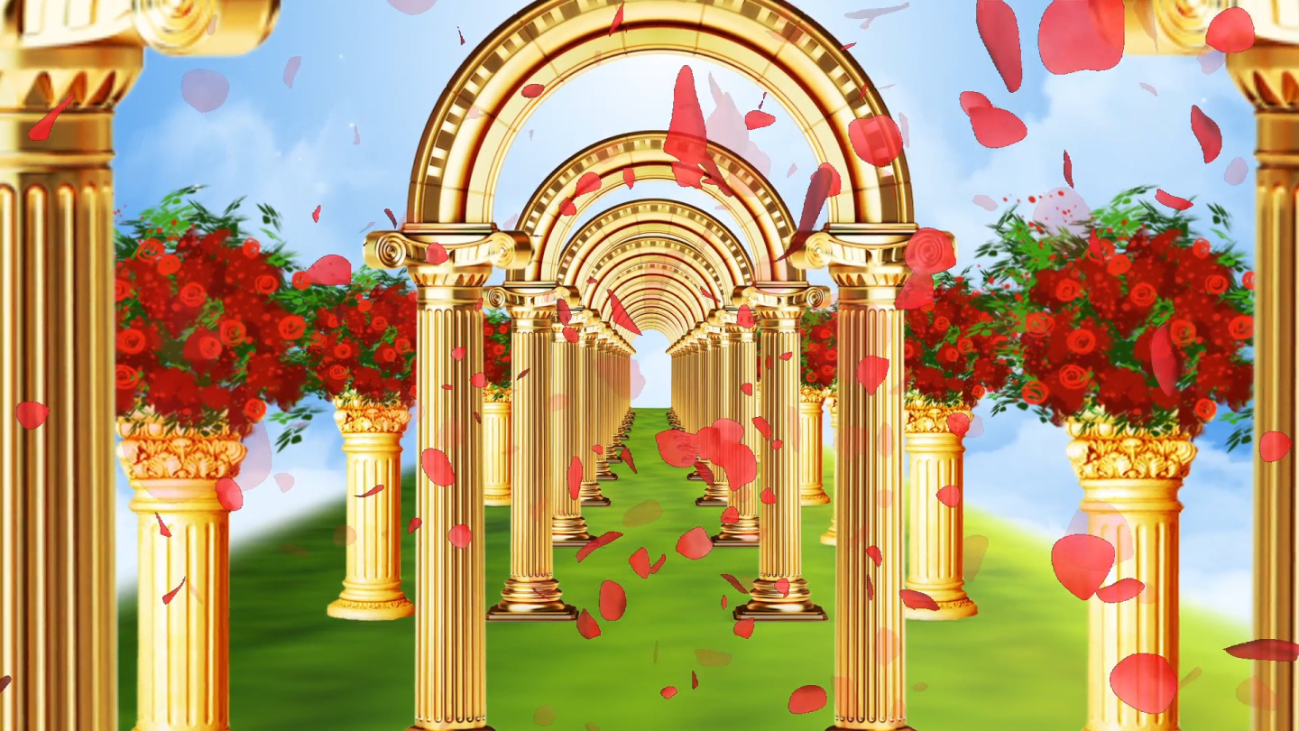 梦幻欧式金色拱门穿梭婚礼花瓣飘落背景