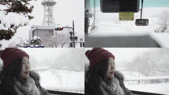 日本北海道下雪坐公交车