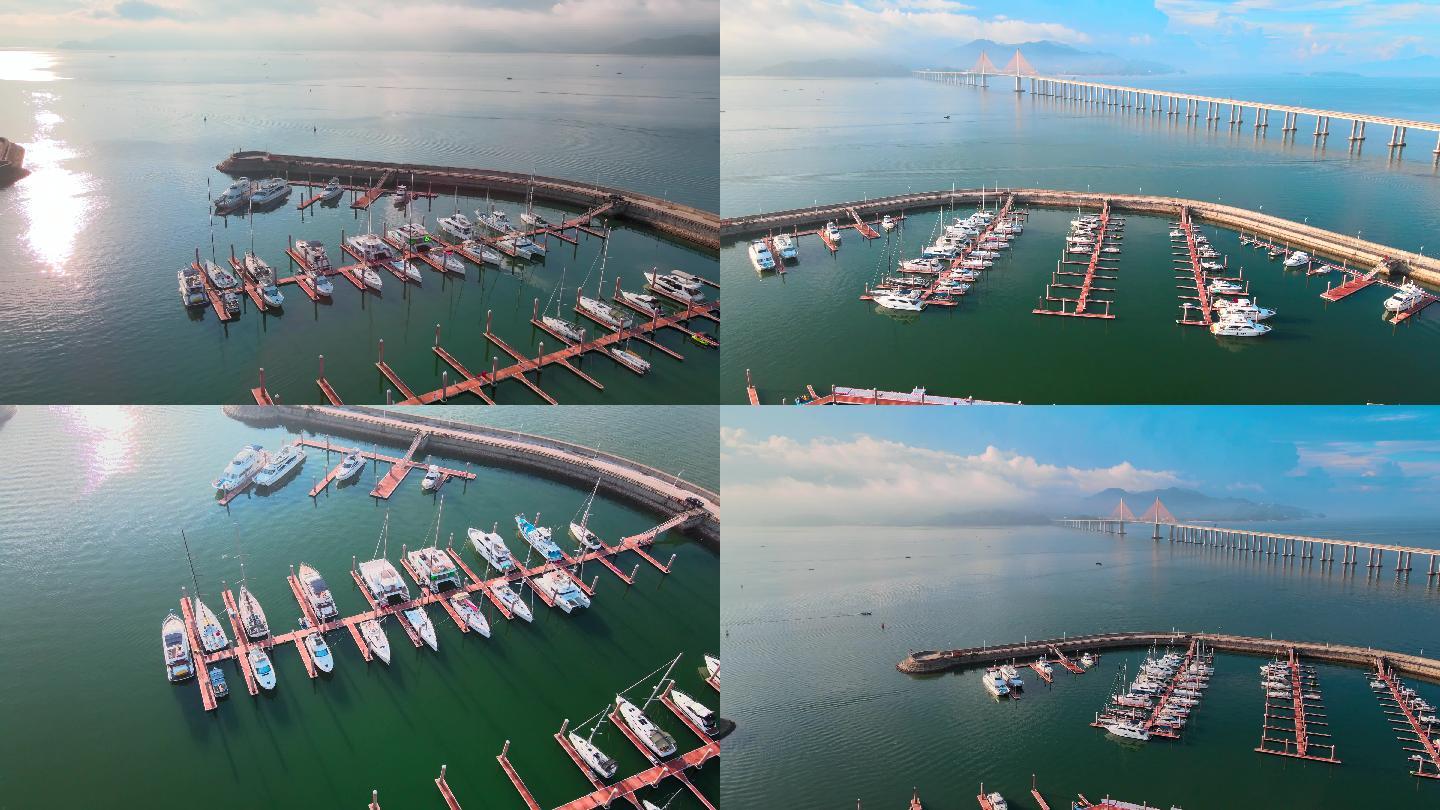【4K】航拍港口游艇和海湾大桥惠州