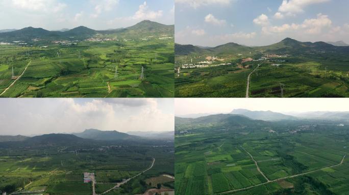 山区 村庄 风景 蓝天 绿地 大山 航拍