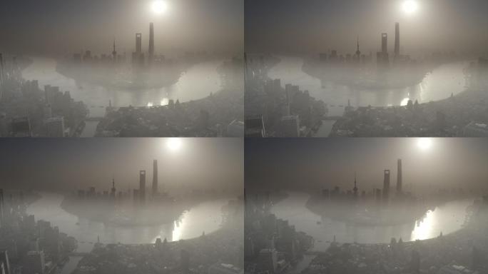 上海航拍外滩大气黄浦江上海雾