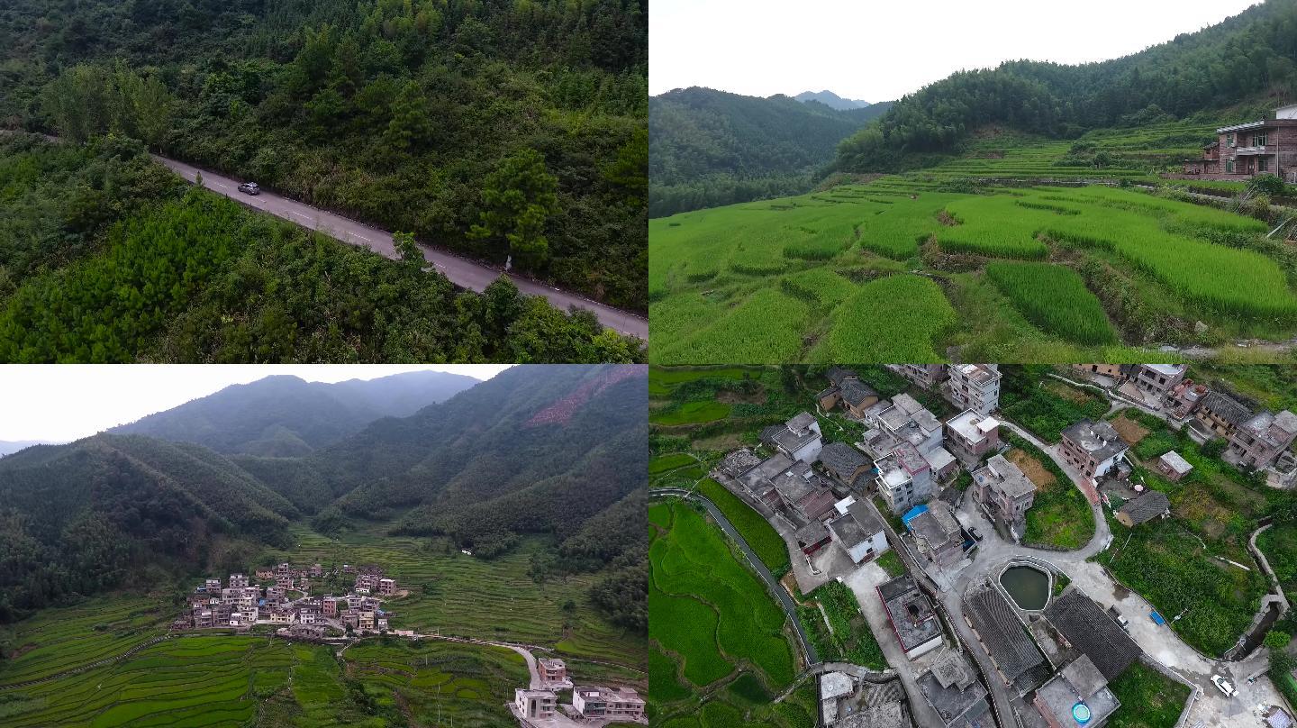 航拍农村老路大山田野梯田