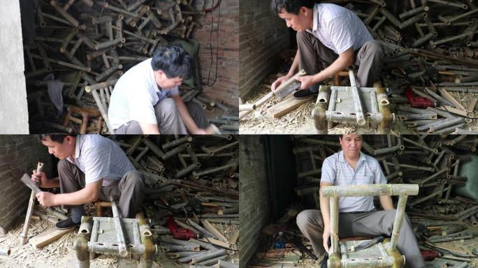 老人做竹椅手工艺非物质文化遗产