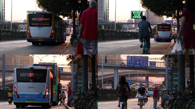 北京公交车，行驶，停靠站台 上下车
