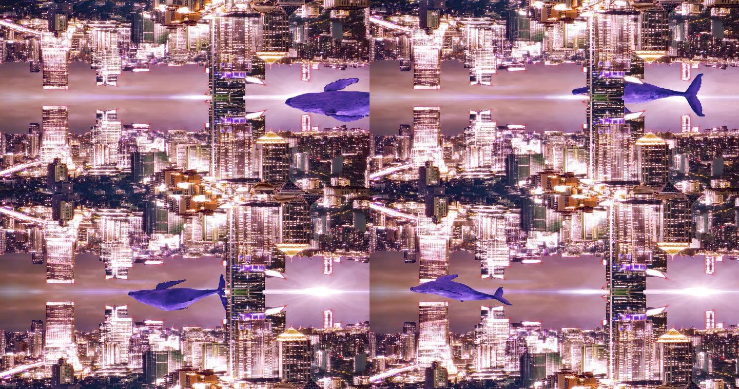 4K高清科技城市夜景遨游的鲸鱼背景素材