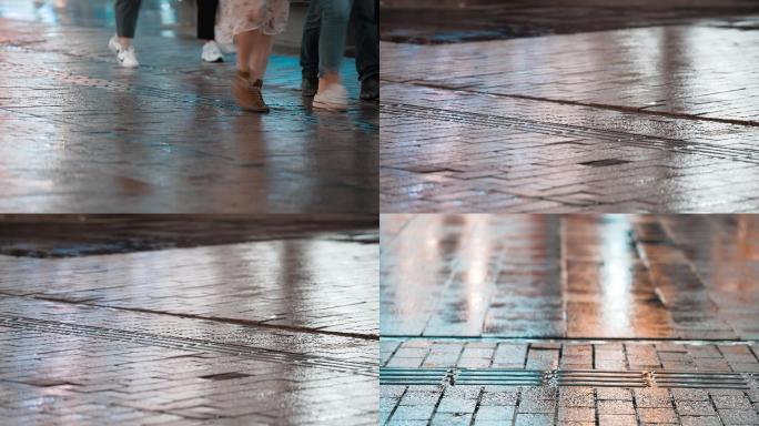 4K下雨天步行街市民走路脚步空镜