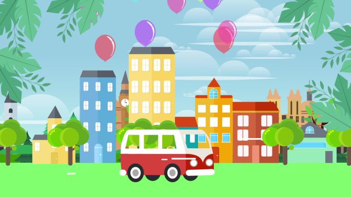 卡通气球城市马路汽车公交交通工具