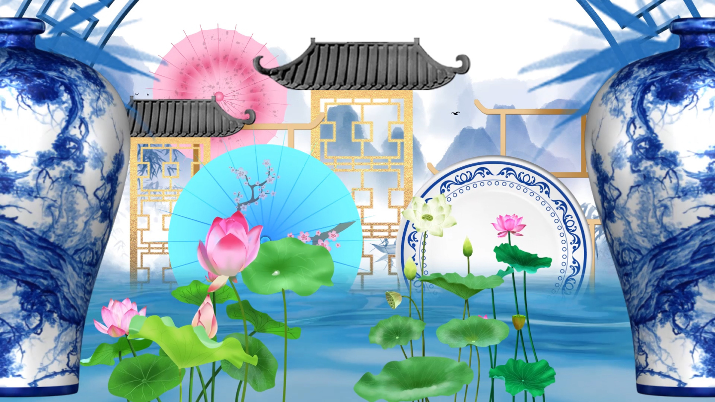 中国风青花瓷古典山水画LED背景视频