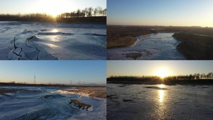 牛栏山河道冰面夕阳干涸的河床