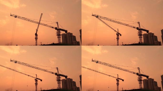 夕阳下塔吊施工素材