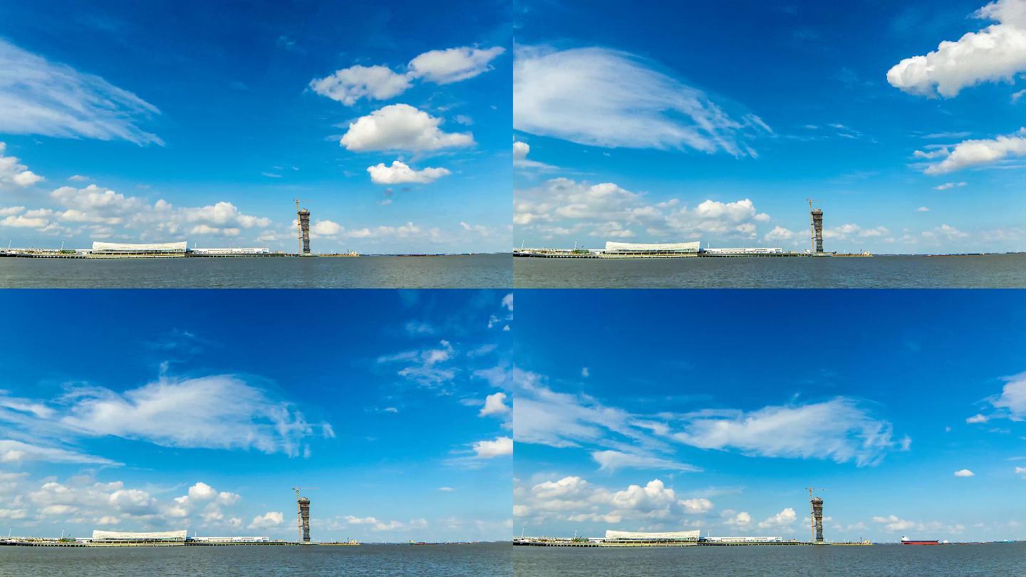 蓝天白云地平线码头4K高清延时摄影素材