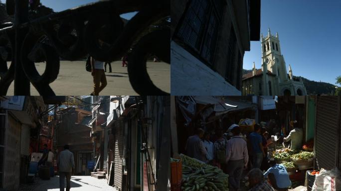 印度喜马偕尔西姆拉市全景老街生活