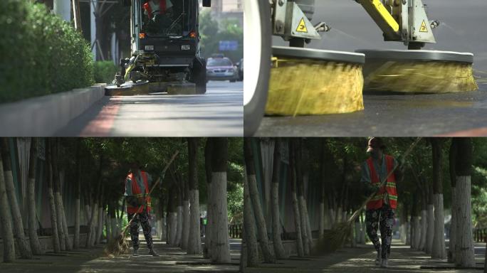 城市清洁车环卫工扫地镜头