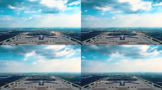 青岛胶州新机场正面航拍4K延时