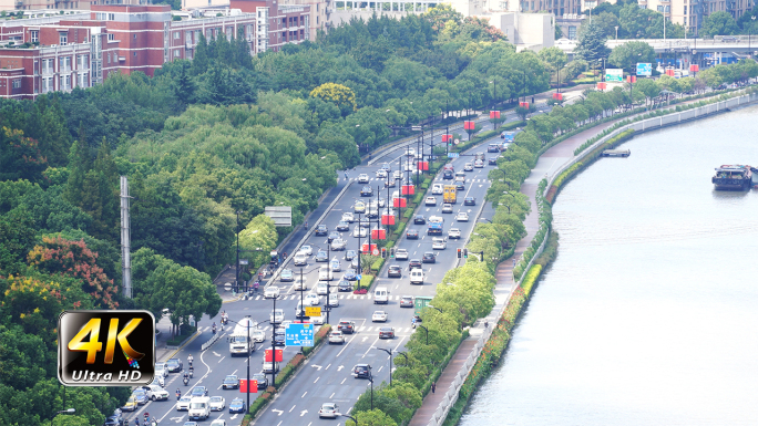 上海市长宁区苏州河畔交通车流出游人潮
