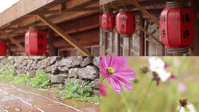 下雨灯笼古朴清新民宿春季花朵雨滴