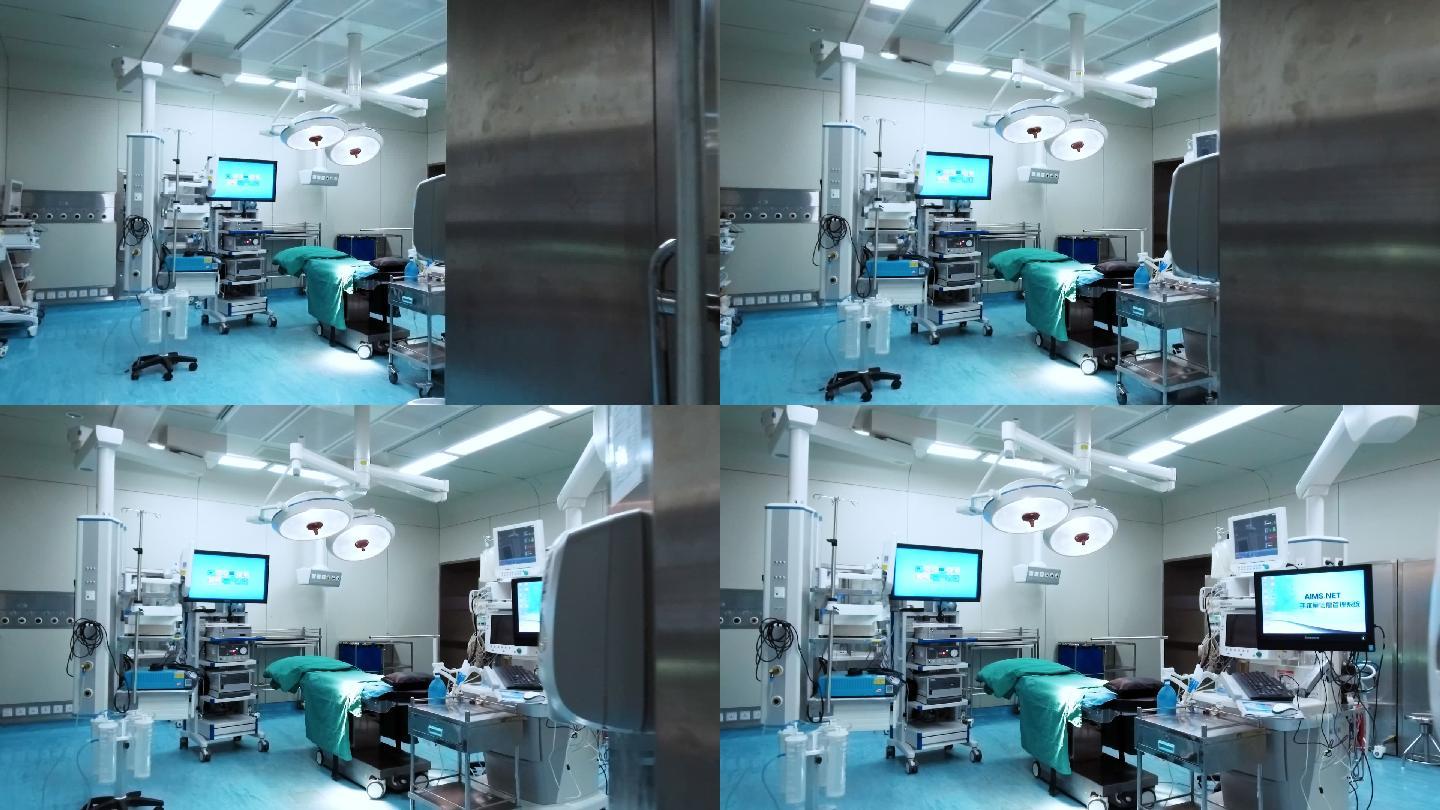 镜头运动，走进一个空旷的手术室手术台