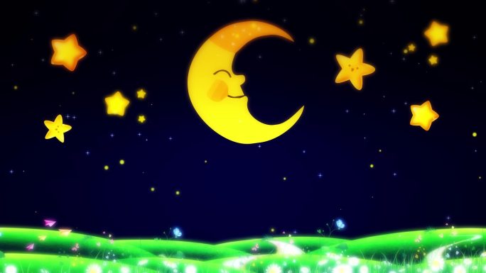 梦幻卡通月亮星星草地夜色背景