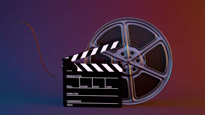 场记板与转动的电影胶卷3D渲染
