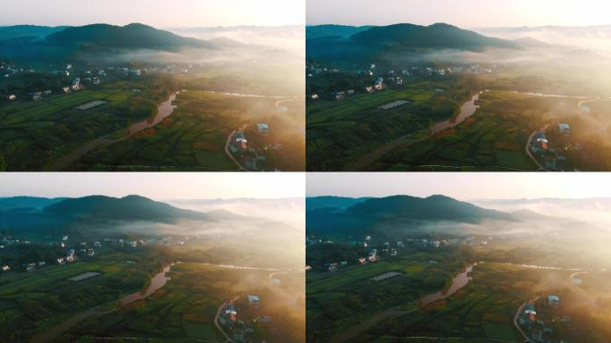 航拍晨雾下的农村丨4K丨原创