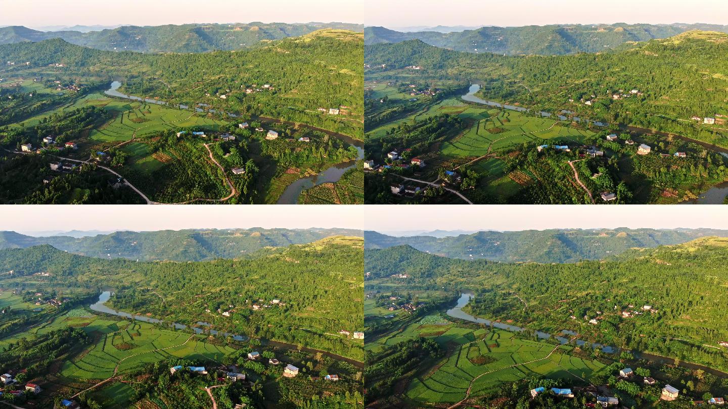 山脚坐落的村庄河流丨4K丨原创航拍