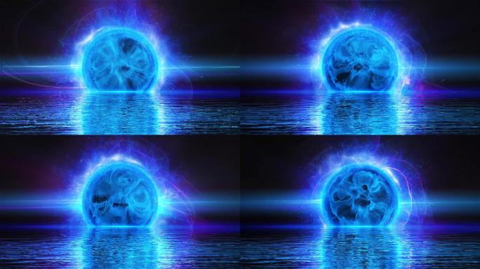 4K蓝色梦幻大海水面光球无限循环