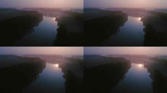 仙气缭绕雾气升腾湖面宽宽的河道V