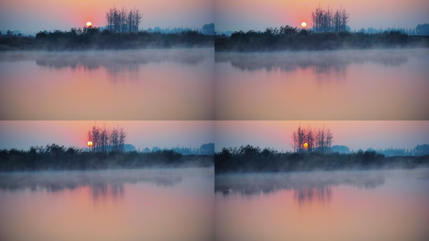 日出太阳水面仙气缭绕雾气升腾湖