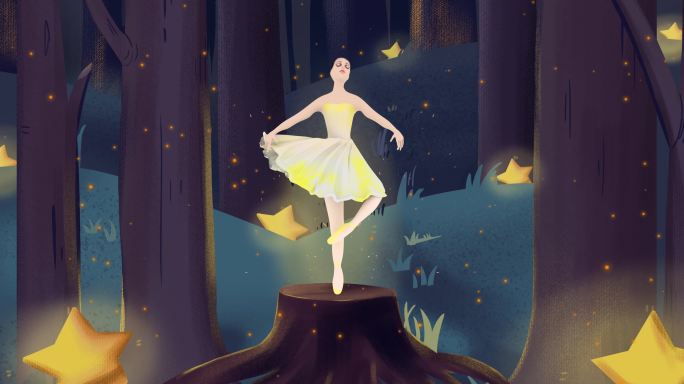 夜晚星星森林精灵芭蕾女孩插画