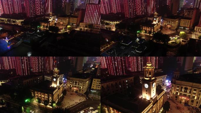 4K-武汉江汉关大楼夜景航拍-原素材