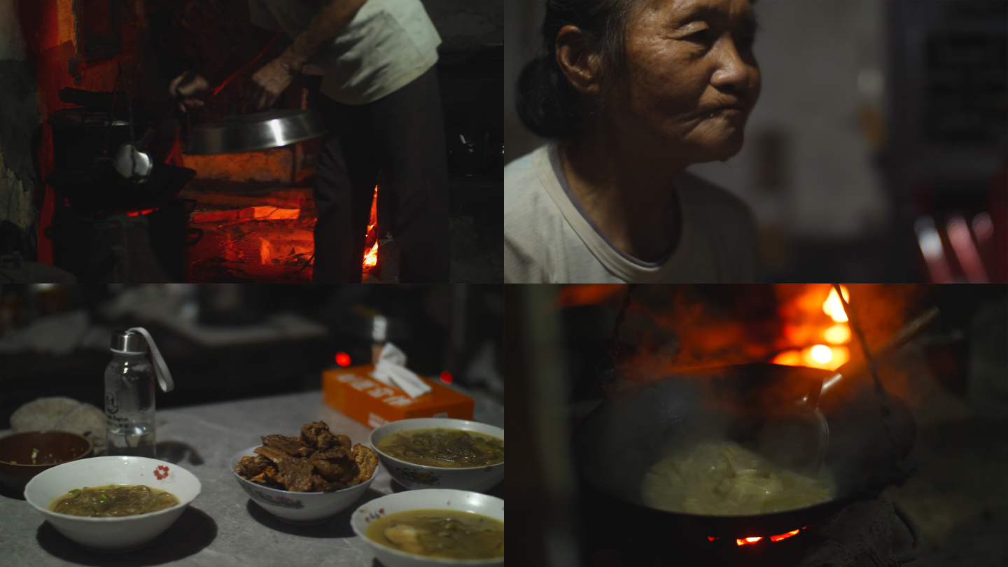 夜晚农村厨房柴火饭，老人吃饭4k视频素材