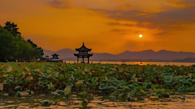 延时拍摄杭州西湖最美日落