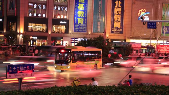 高清-济宁-车流夜景延时-十字交通路口