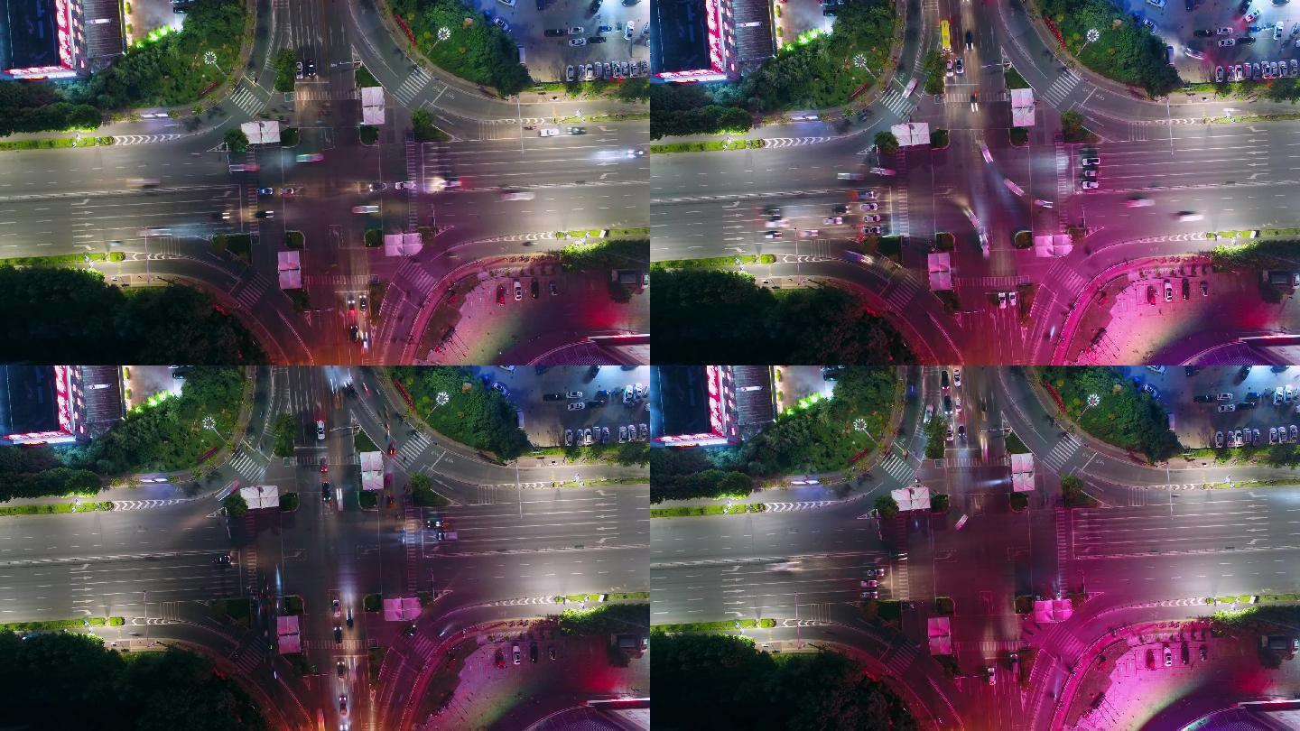 城市素材-航拍俯视角路口车流夜晚延时