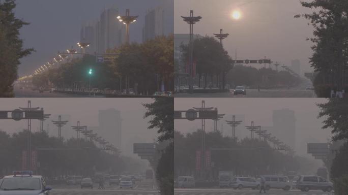 车流 日出 雾霾 城市道路 城市