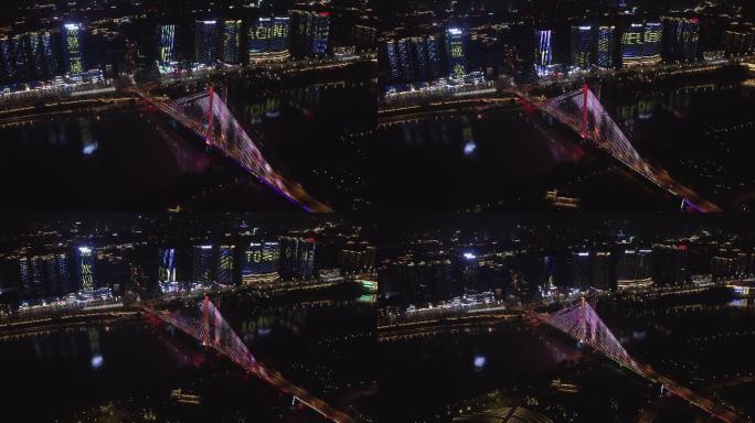 四川南充嘉陵江上中坝大桥夜景照亮工程航拍
