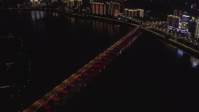 四川南充嘉陵江上中坝大桥夜景照亮工程航拍