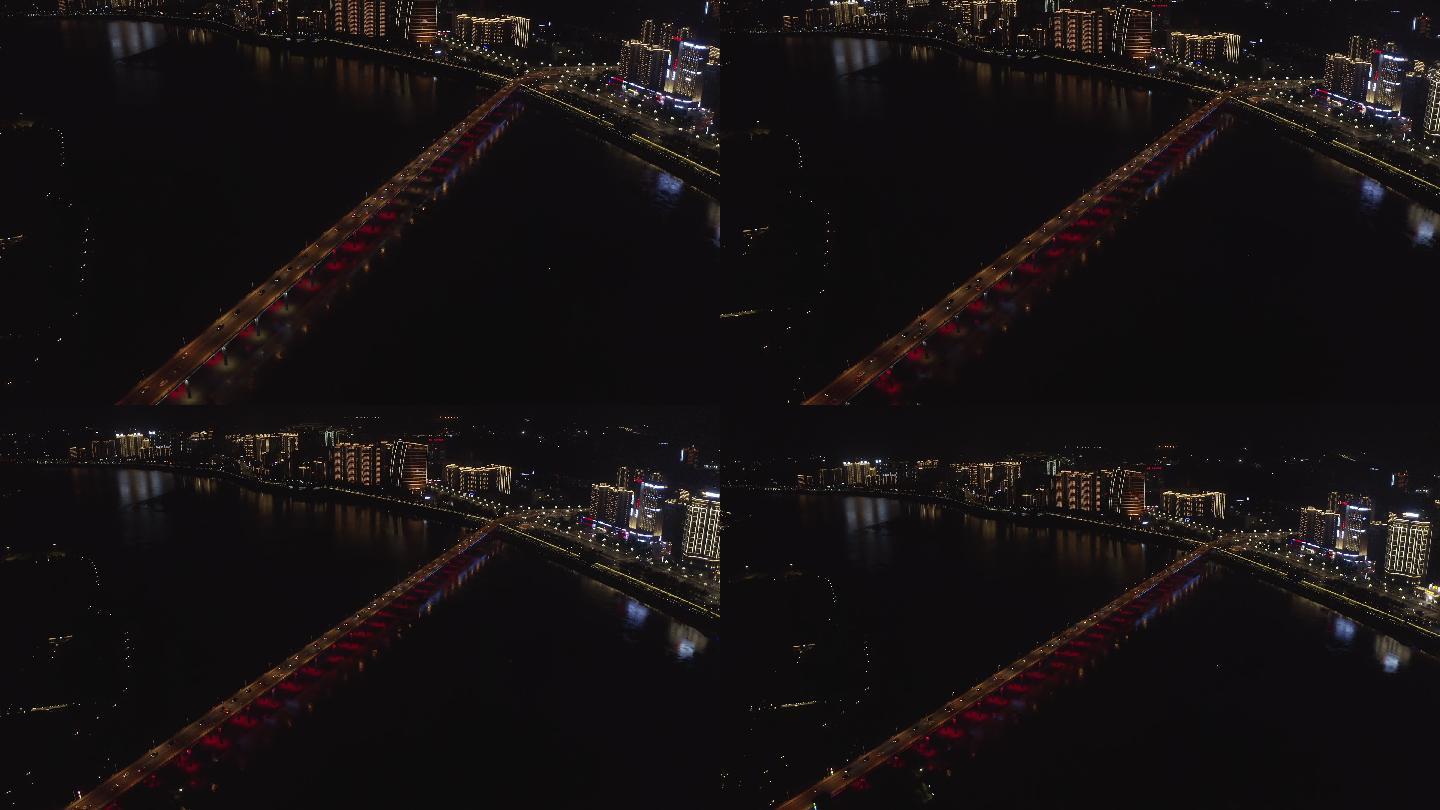 四川南充嘉陵江上中坝大桥夜景照亮工程航拍