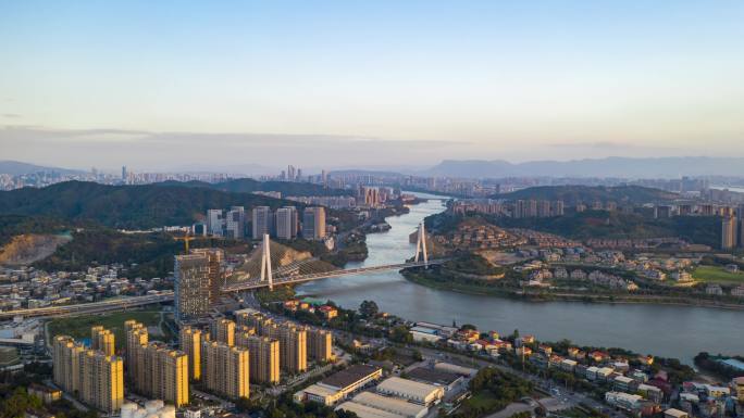 航拍城市夕阳大桥延时福州闽江淮安大桥4K